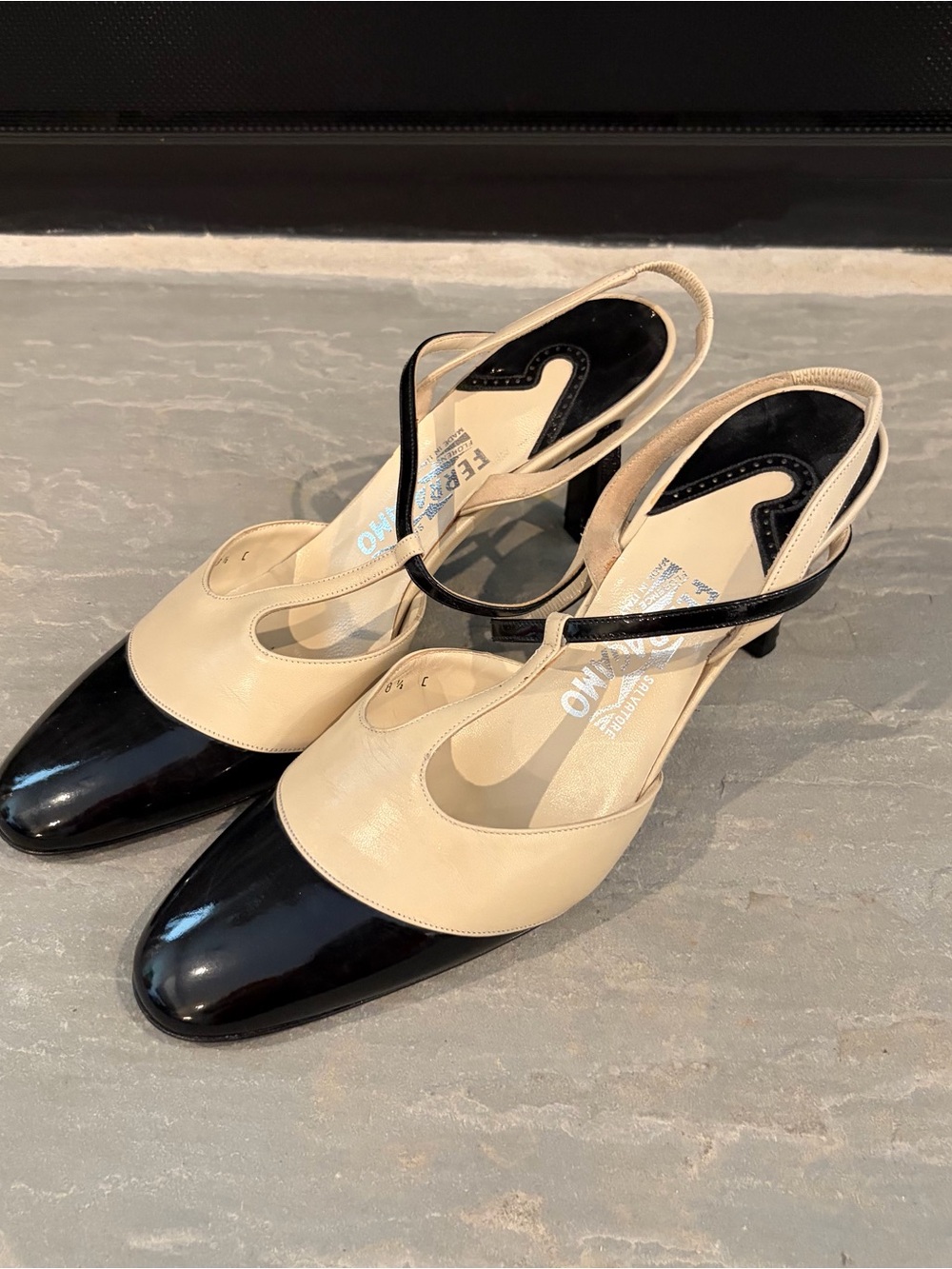 Salvatore Ferragamo Vintage Two-Tone T-Strap Slingback Heels